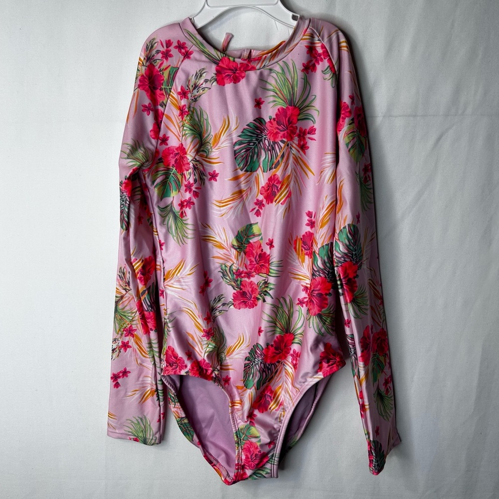 Art Class Pink Floral Girl’s Onepiece Swimsuit Rashguard Long Sleeve Size 10-12